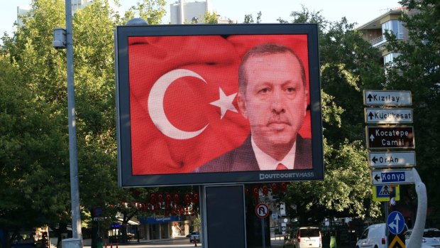A portrait of Turkey's President Recep Tayyip Erdogan on a billboard in Ankara.