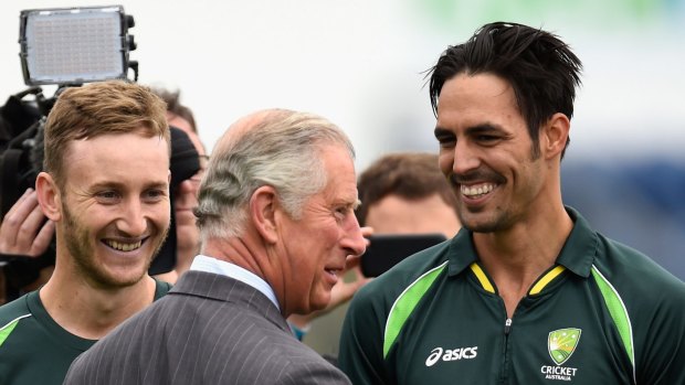 So, fancy meeting you here: Prince Charles  shares a joke with Australia cricketers Peter Nevill and Mitchell Johnson in Cardiff.