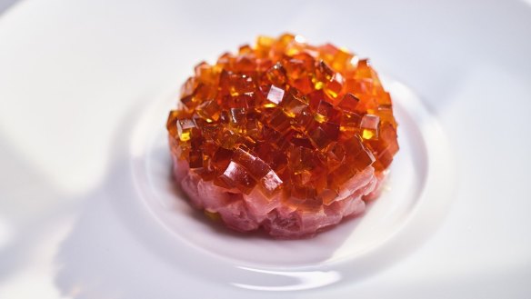 Chef Martin Benn's Society dishes include bonito marinated with housemade yuzu kosho, topped with jewels of chicken jelly.