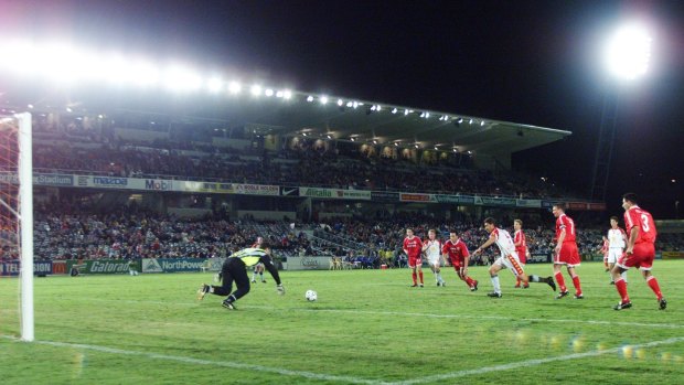 Angelo Konstantinou makes a save during his Canberra Cosmos days.