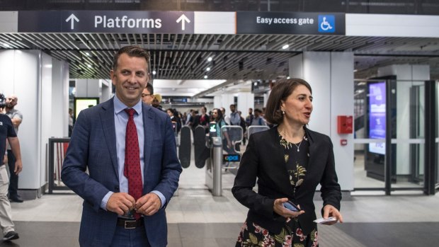 Premier Gladys Berejiklian and Transport Minister Andrew Constance at Wynyard Station in Sydney's CBD on Tuesday.
