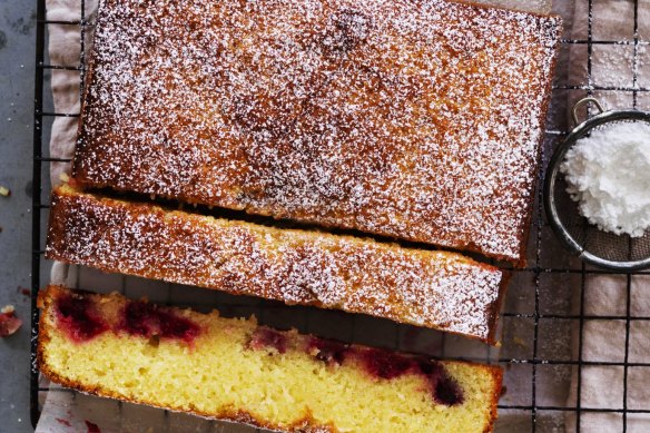 Is it a cake? Is it a slice? Lemon 'brownies' with frozen berries.