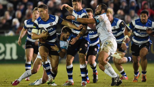 Keen to improve: Former league star Sam Burgess takes on the Montpellier defence.
