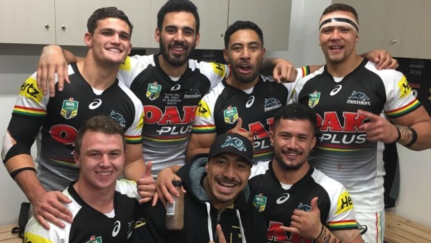 Panther pride: Seven members of Penrith's 2015 NYC winning side (clockwise from top left) Nathan Cleary, Tyrone May, Sione Katoa, James Fisher-Harris, Corey Hawawira-Naera, Moses Leota and Dylan Edwards. 