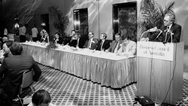 At the BCA launch in 1983. Pictured are: Don Hughes, John Cain, Bob White, Arvi Parbo, Bob Hawke, Milton Brideland, John Bannon, Cliff Allen and Andrew Peacock. 