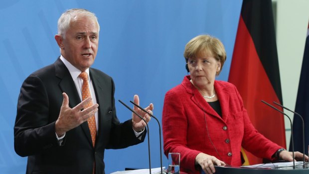 Prime Minister Malcolm Turnbull with German Chancellor Angela Merkel last month.