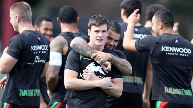 Sticking solid: Luke Keary and Adam Reynolds at a Rabbitohs training session.