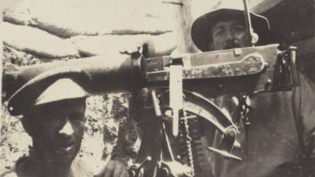 Andy Cunningham (right) in machine gun post during World War I.