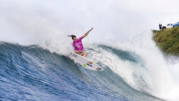 Australia's Sally Fitzgibbons winning her Round 1 heat at the Target Maui Pro, Honolua Bay in Hawaii.