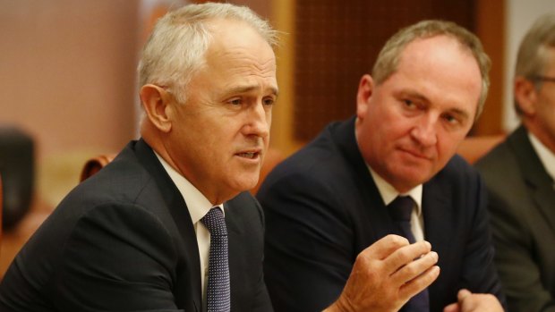 Prime Minister Malcolm Turnbull and Deputy Prime Minister Barnaby Joyce during a meeting of the government's Regional Ministerial Taskforce in the cabinet room in Parliament House on Tuesday.