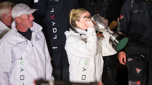 Perpetual Loyal crew member Erin Molan celebrates with sponsors and fellow crew at Constitution Dock after winning the 2016 Sydney To Hobart in record time. 