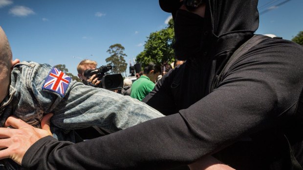 Members of  Reclaim Australia  clash with Antifa, the militant arm of Rally against Racism, during simultaneous rallies between the ideologically opposed groups in Melton on November 22, 2015 in Melbourne.