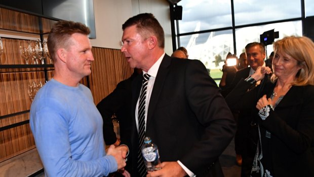 Outgoing CEO Gary Pert with Collingwood coach Nathan Buckley.
