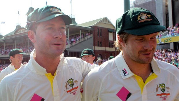 'Like a tumour': Michael Clarke with Shane Watson after Australia won the Ashes 5-0 in 2014.