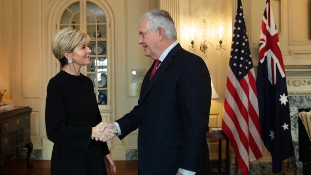 Julie Bishop and US Secretary of State Rex Tillerson meet at the State Department in Washington earlier this month. 