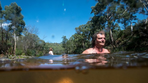 Peter McCormack enjoy a swim in the Yarra at Pound Bend on Labour Day.