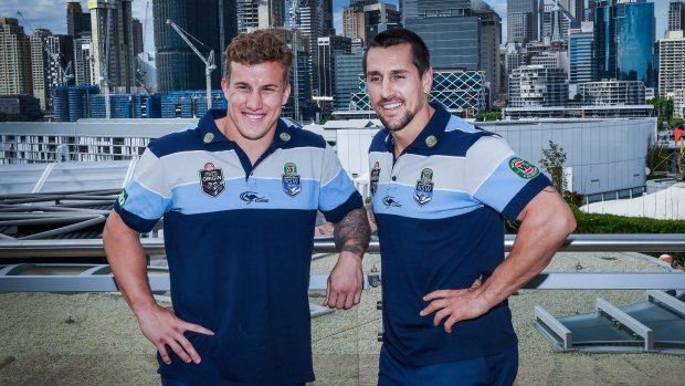 Seven and six: Trent Hodkinson and Mitchell Pearce at Tuesday's announcement.