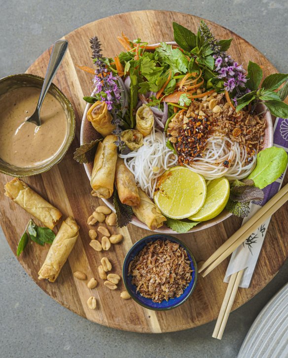 Pick up a packet of frozen spring rolls for these colourful noodle bowls.