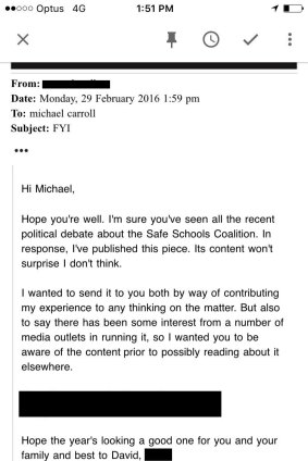 An email exchange between Terrace principal Dr Michael Carroll and a former student