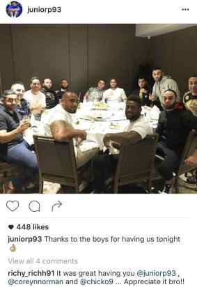 Dinner at The Century: Rafat Alameddine (fifth from left in black shirt) and former bikie Paulie Younan (sixth from left at back of table) pictured with Corey Norman, James Segeyaro and Junior Paulo.