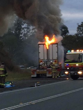 Both lanes were closed on Beaudesert Boonah Road as a potato truck caught fire.