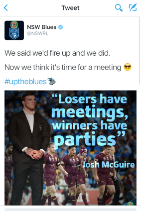 The deleted tweet: The NSWRL has been criticised for this post sent out soon after the Blues beat Queensland in game three.