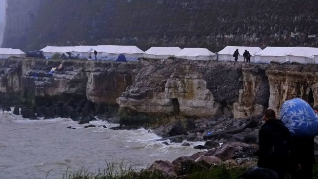 A makeshift migrant camp on cliffs near Dieppe, France. The migrants are hoping to cross the English Channel to the UK.
