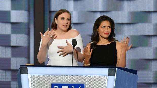Actresses Lena Dunham (left) and America Ferrera (right) had plenty to say to Donald Trump at the Democratic National Convention in Philadelphia.