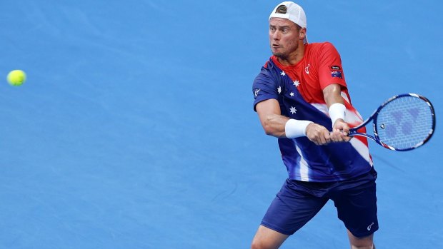 Lleyton Hewitt in action against Jiri Vesely of the Czech Republic during day one of the Hopman Cup at the Perth Arena.