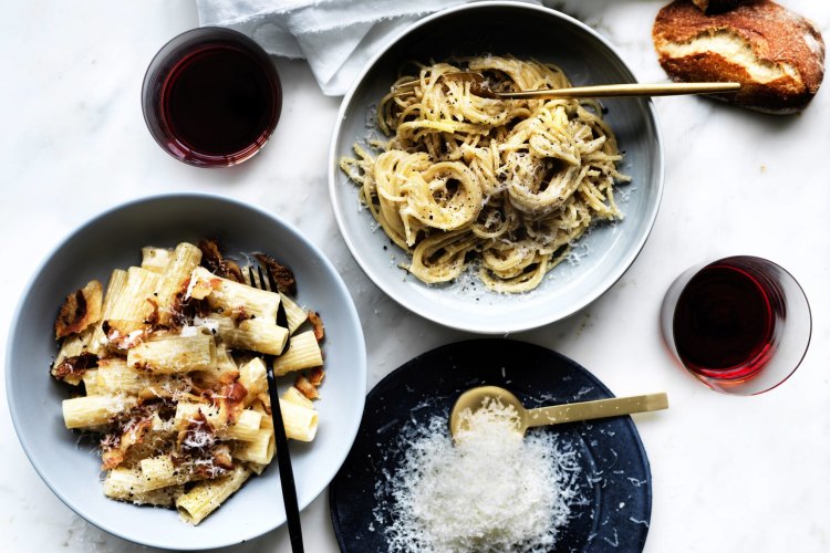 Neil Perry's pasta alla grica  and cacio e pepe recipes.