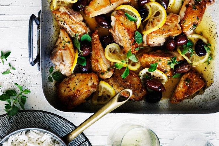 Neil Perry's braised chicken with olives, lemon and oregano. 