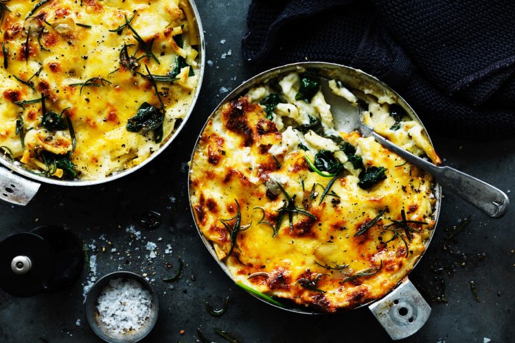 Dan Lepard's spinach and rosemary macaroni cheese.