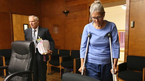 Leslie Van Houten enters with her attorney Rich Pfeiffer before her parole board hearing.