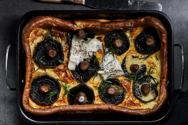 Roasted mushroom toad in the hole with gorgonzola.