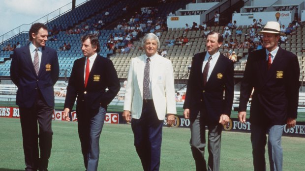 The Channel Nine commentary team of Greg and Ian Chappell, Richie Benaud, Bill Lawry and Tony Greig in 1998.
