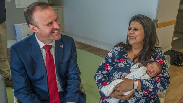 Chief Minister Andrew Barr campaigned at the Canberra Hospital campus on election day eve. He met newborn Rhianna Khanna and mum Meenal of Casey at the Canberra Women's and Children's hospital.