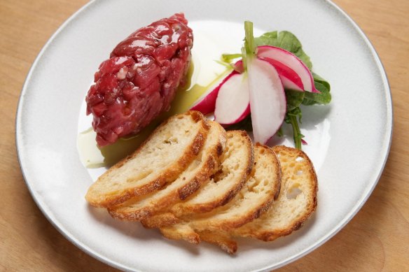 Sirloin crudo with radishes and toast.