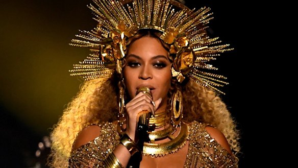 A heavily pregnant Beyonce performing at the Grammy Awards earlier this year.