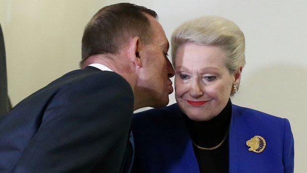 Mr Abbott kisses Bronwyn Bishop after she was replaced as speaker.