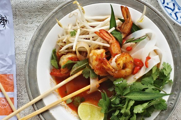 Tom-yum-ish tomato, prawn and lemongrass laksa.