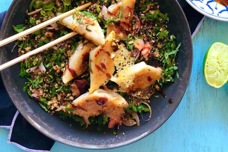 Potsticker dumplings with herby cauliflower and pickled ginger salad recipe