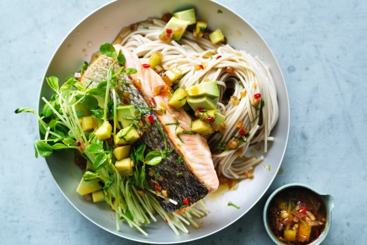 Salmon and avocado soba with chilli and lemon dressing.