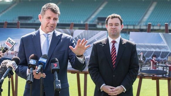 Mike Baird, former NSW premier and current NAB executive, was happy to talk about stadiums with Minister for Sport Stuart Ayres in December last year.