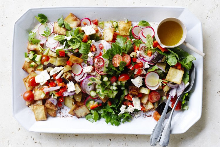 Fried eggplant and feta fattoush