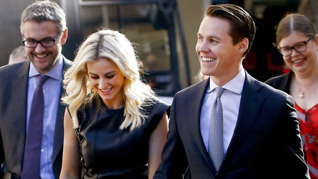 Roxy Jacenko and her husband, Oliver Curtis, arrive at court during his insider trading trial last May.