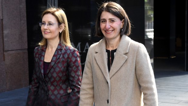 NSW Premier Gladys Berejiklian and Minister for Local Government Gabrielle Upton arrive at a press conference on council amalgamations. 