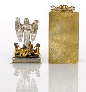 Shiny investments: Stuart Devlin, London 1979,
boxed silver and silver gilt Christmas carol surprise box, ''While shepherds watched their flocks by night''.

