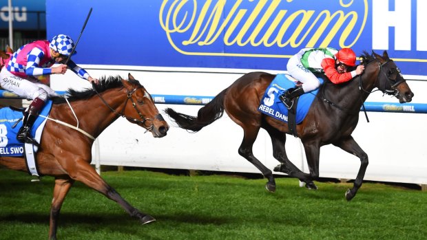 Huge upset: Ben Melhalm riding Rebel Dane wins the Manikato Stakes at Moonee Valley.
