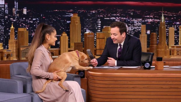  Grande with her dog Toulouse on US talk show host Jimmy Fallon's show in April.