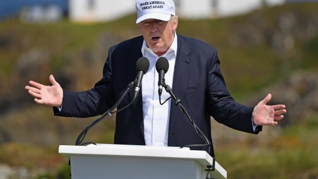 Bizarre press conference: Donald Trump at his Trump Turnberry Resort in Ayr, Scotland.